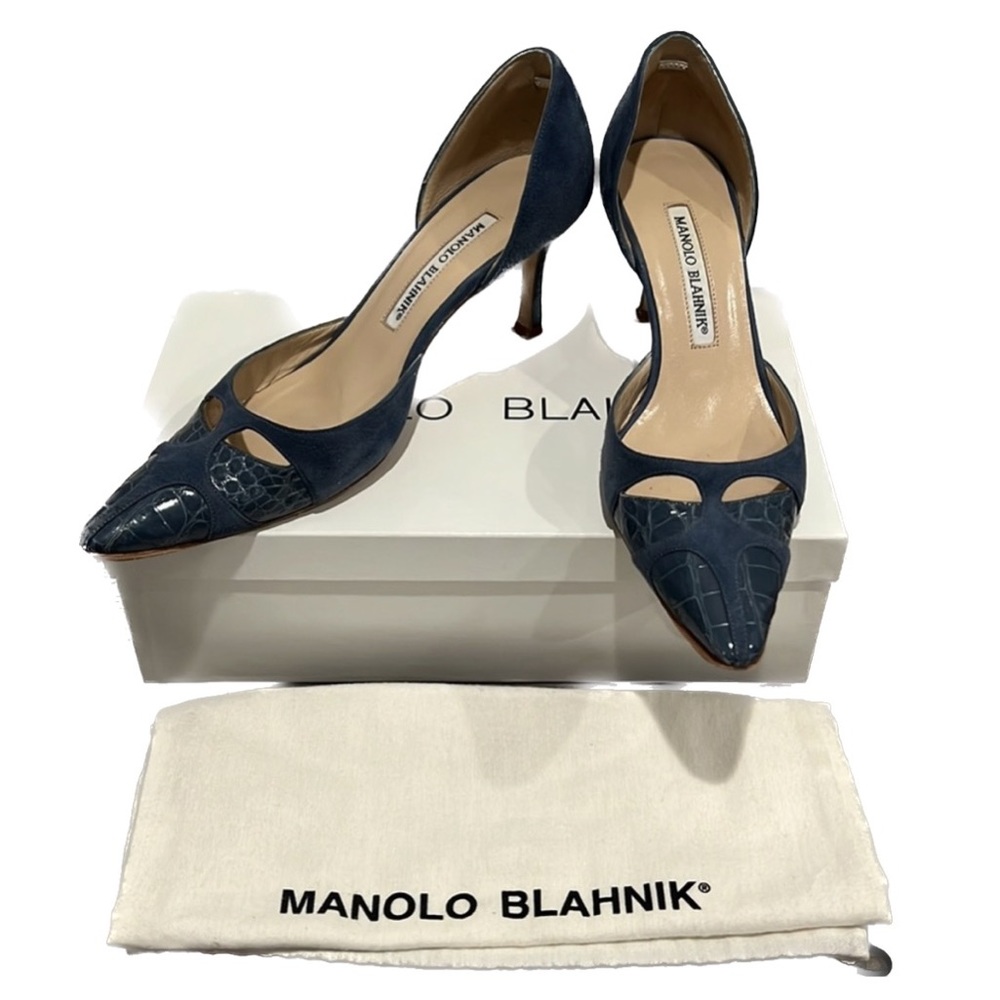 Manolo Blahnik Valondo Alligator Denim Heels Pumps Shoes